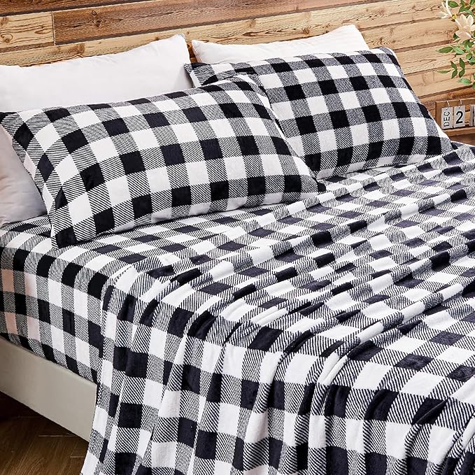 BEDELITE Fleece Sheets Queen Size Bed Set, Luxury Red and Black Plaid Winter Bedding Set, Super Soft & Warm Fuzzy Flannel-Like Sheets 4 Piece(Include Fitted Sheet, Flat Sheet, 2 Pillowcases)