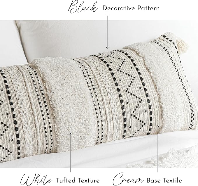 BlissBlush 14x36 Lumbar Pillow Cover for Bed, Rectangular Long Decorative Throw Pillowcase, Boho Accent Cushion with Black Tufted Pattern and Tassels, Cream Neutral (Cover Only)