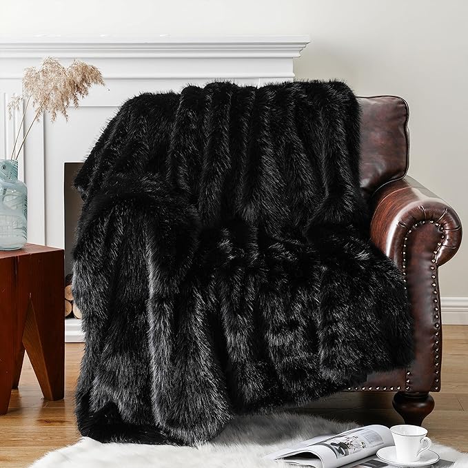 BATTILO HOME Luxury Black Faux Fur Throw Blanket, Large Cozy Warm Fluffy Fur Blanket for Bed,Couch, Sofa, Chair, Black Fur Throws with Long Pile, 60"x80"
