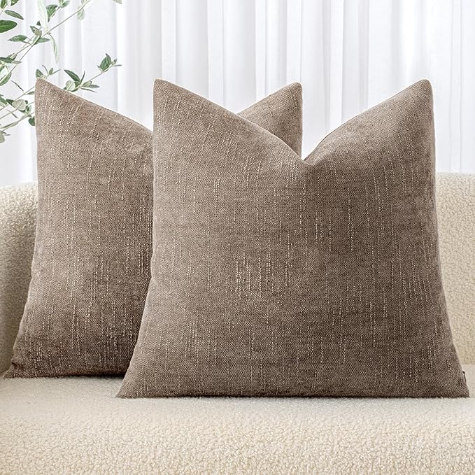 MIULEE 26x26 Inch Euro Sham Chenille Throw Pillows Set of 2 Soft Accent Taupe Grey Neutral Farmhouse Textured Cushion Covers for Bed Sofa Bedroom Living Room