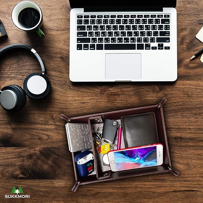 Valet Tray for Men and Women - PU Leather Nightstand Organizer with Desk Catchall Tray, Dresser Box for Keys, Jewelry