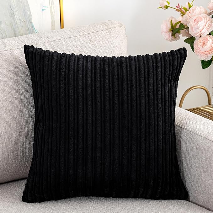 UGASa Striped Textured Velvet Corduroy Decorative Europe Sham Throw Pillow Cushion Cover for Couch, 1 Pc, (45x45 cm, 18inch), Black
