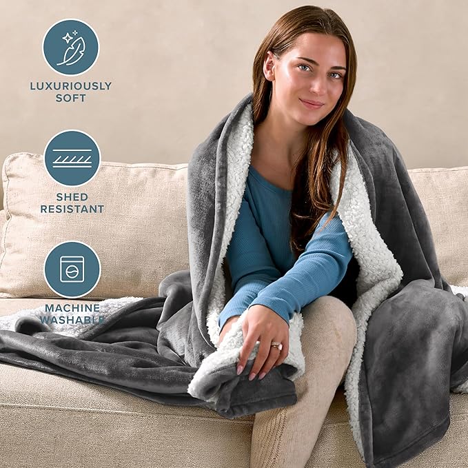 Bare Home Sherpa Fleece Blanket - Twin/Twin Extra Long - Blanket for Bed, Sofa, and Couch - Warm & Lightweight - Fluffy & Soft - Reversible (Twin/Twin XL, Grey)