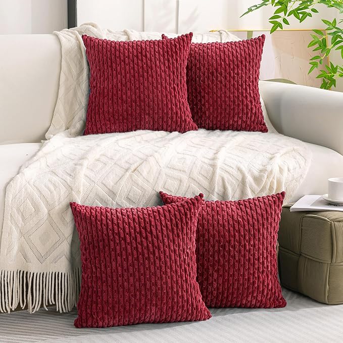 Set of 4 Burgundy Decorative Throw Pillow Covers 18x18 Inch Corduroy Pillow Covers for Bed Couch Sofa Living Room Soft Square Cushion Cases