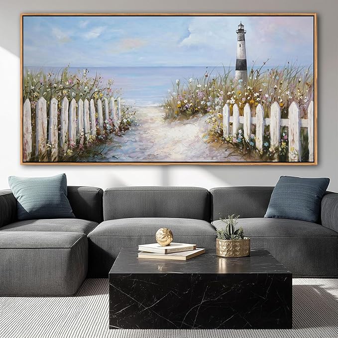 Ocean Wall Art for Living Room - Coastal Canvas Artwork for Walls, Vintage Landscape with Lighthouse, Farmhouse Beach Pictures, Framed Bedroom Wall Decor 29×58IN