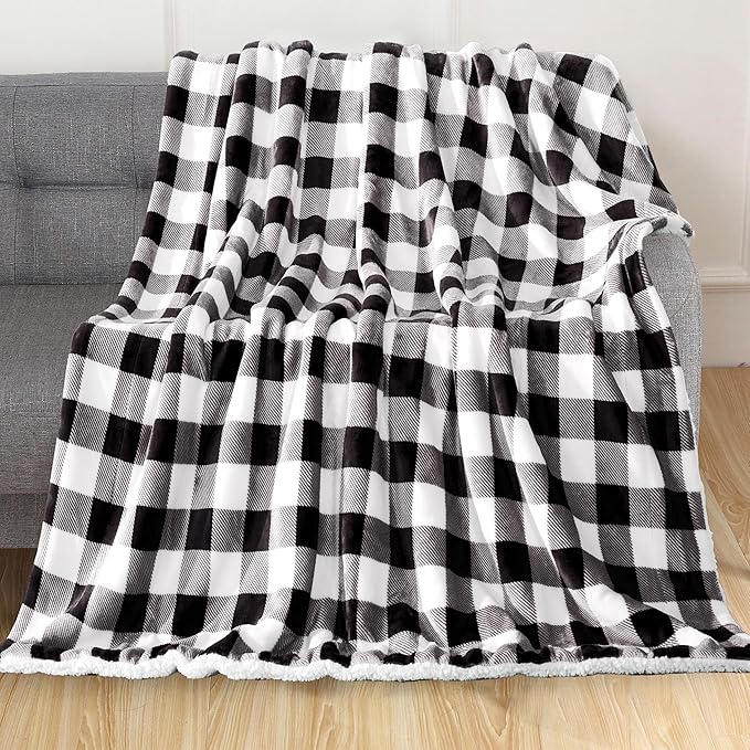 Elegant Comfort Luxury Ultra-Plush Velvet Touch Buffalo Plaid Fleece Throw - Soft, Warm, Cozy Micromink Sherpa-Backing Reversible Blanket for Bed, Sofa and Couch, Buffalo Black