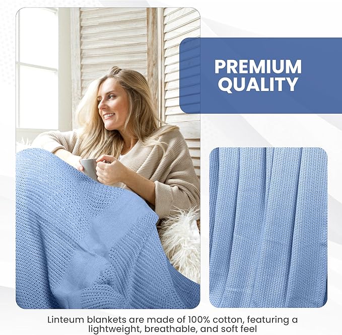 Linteum Textile Supply Leno Weave Blue Blanket, Queen 100% Cotton, Lightweight, Warm, Fluffy, Premium and Durable Soft & Cozy Bed Blanket for Home, Couch, Sofa & Dorm, All Season Throw [90x90]