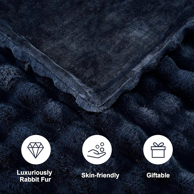DREAMNINE Oversized Soft Thick Fuzzy Bubble Faux Rabbit Fur Throw Blanket Twin Size 60" x 71", Double Sided Comfy Plush Warm Shaggy Fluffy Blankets, Luxury Cozy Cute Furry Blanket for Bed, Navy Blue