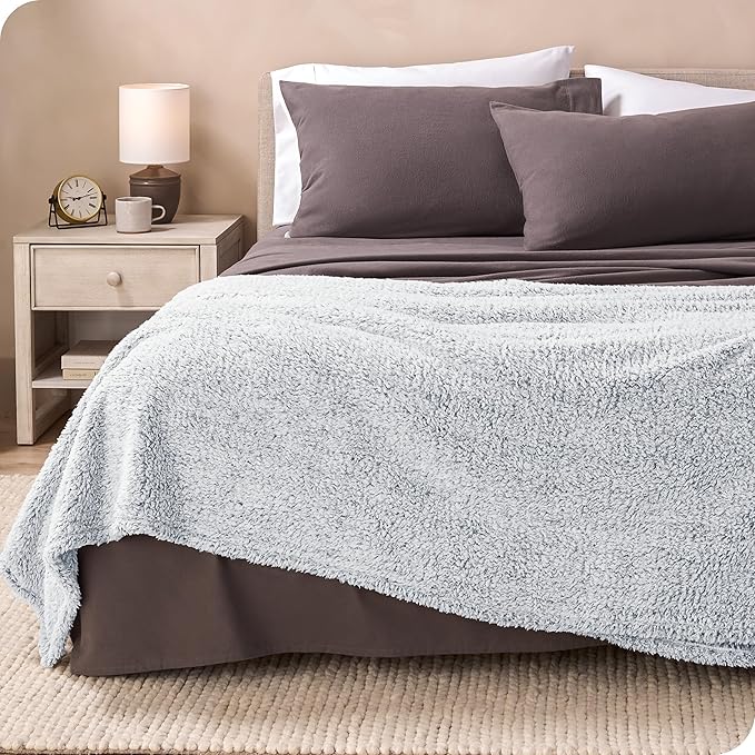Bare Home Faux Shearling Blanket- Blanket for Bed, Sofa, Couch, Camping, Travel, and Gifts - Warm & Lightweight - Fluffy & Soft (Twin/Twin XL, Tipped Dusty Blue)