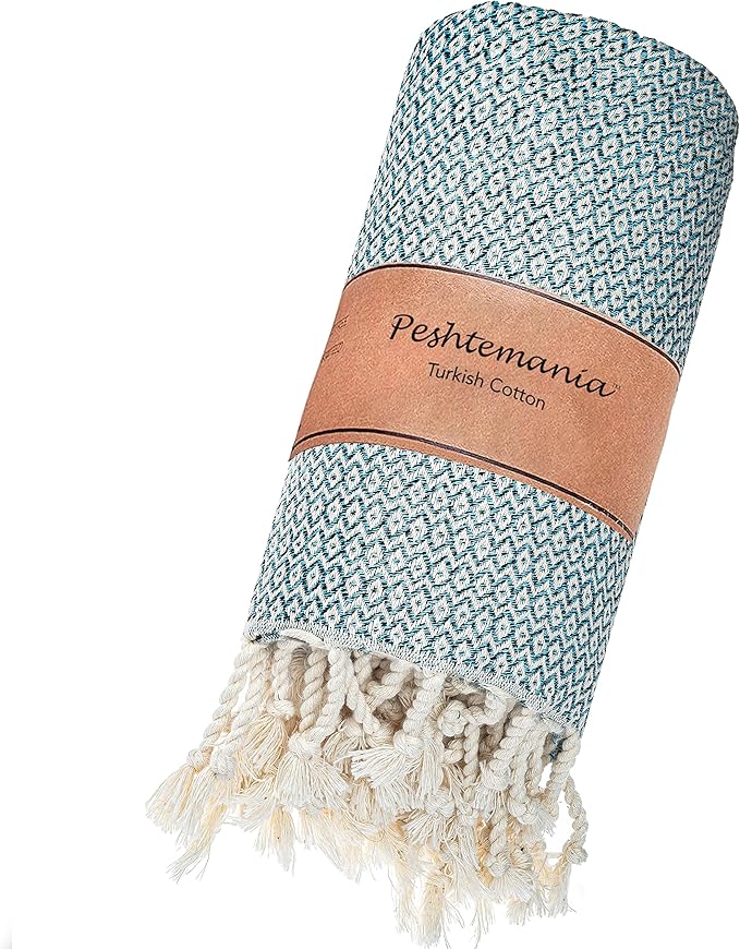 Peshtemania Premium Cotton Throw Blanket, 50x60 inches, Light Blue, Turkish Herringbone, Farmhouse Decor, Yoga Blanket, Picnic Blanket