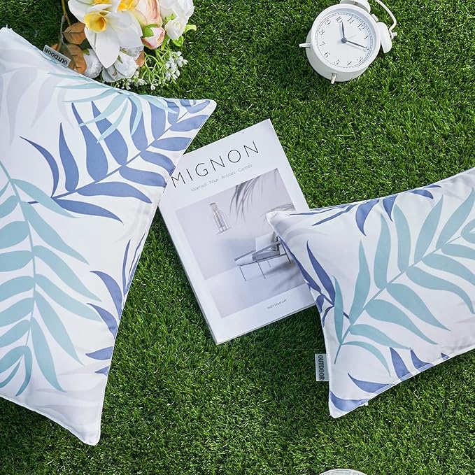 MIULEE Pack of 2 Decorative Outdoor Waterproof Throw Pillow Covers Patio Pillow Cases Natural Leaves Pattern Spring Square Cushion Shams Shell for Garden Balcony Couch 12x20 Inch, Blue