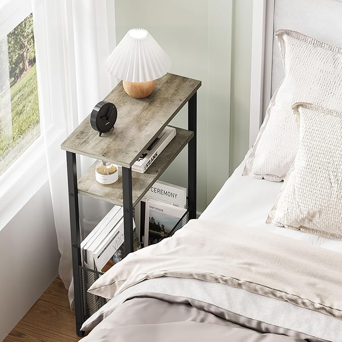 Narrow Side Table with Storage Basket Skinny End Tables for Smalls Spaces 3 Tier Sofa Table Small Nightstand Slim Bedside Table for Living Room Bedroom Oak MLBZ22Q