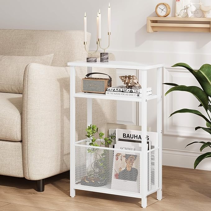 Narrow Side Table with Storage Basket Skinny End Tables for Smalls Spaces 3 Tier Sofa Table Small Nightstand Slim Bedside Table for Living Room Bedroom White MLBZ22W