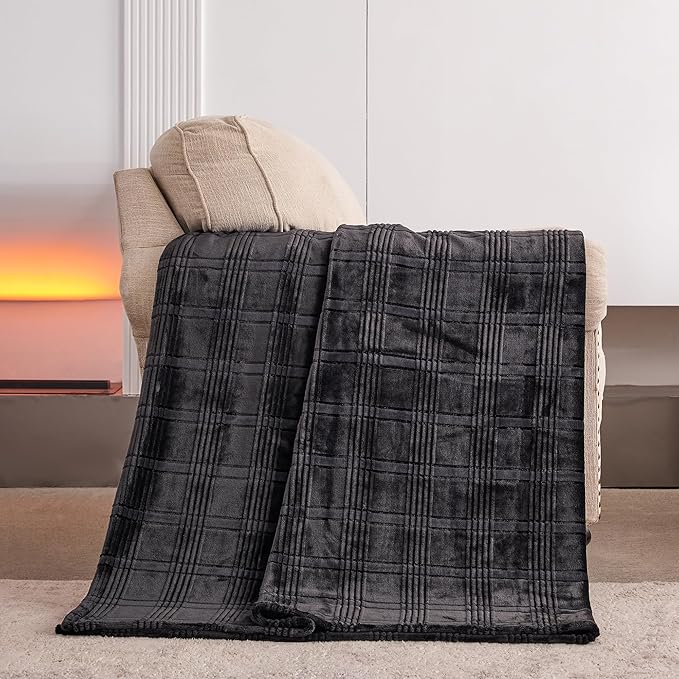 Super Soft Flannel Throw Blanket 50x60 Inches, Premium Checkered Jacquaed Silky Fleece Lightweight Bed Blanket All Season Use, Dark Grey Strip, 50"x60"