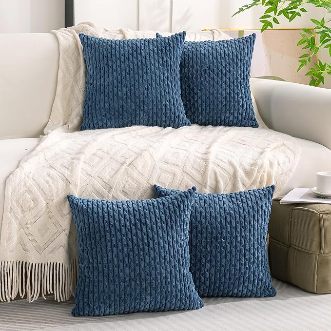 Set of 4 Blue Decorative Throw Pillow Covers 24x24 Inch Corduroy Pillow Covers for Bed Couch Sofa Living Room Soft Square Cushion Cases