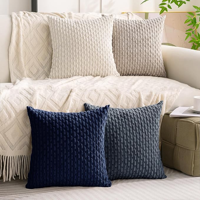 Set of 4 Navy White Taupe Decorative Throw Pillow Covers 26x26 Inch Corduroy Pillow Covers for Bed Couch Sofa Living Room Soft Square Cushion Cases