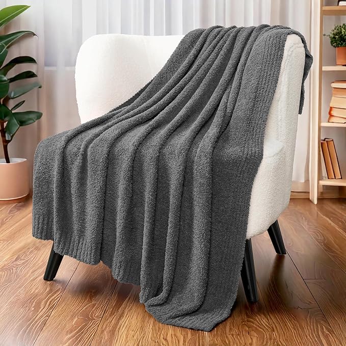 PAVILIA Super Soft Throw Blanket for Couch, Fluffy Cozy Lightweight Grey Blanket, Fuzzy Warm Knit Blanket for Bed Sofa, Dark Gray, 50x60