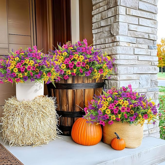 Alupssuc 36 Bundles Artificial Flowers for Outdoors Spring Summer Decoration, UV Resistant Eucalyptus Violet and Lavender Silk Fake Plants for Outside Indoor Yard Home Patio Decor, Yellow Rose Purple