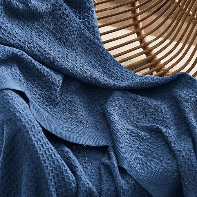 Bedsure Gentlesoft 100% Cotton Big Blanket Oversized King for Bed - Large Breathable Thick Cooling Waffle Weave Blanket for Summer, Couch Cover, Navy, 120x94 inches