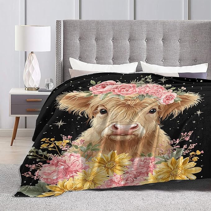 Highland Cow Throw Blanket Soft Warm Cozy Flower Cows Floral Blankets Fuzzy Plush Fleece Highland Cow Blanket Gifts for Couch Bed Sofa Home Decor 40''X50''