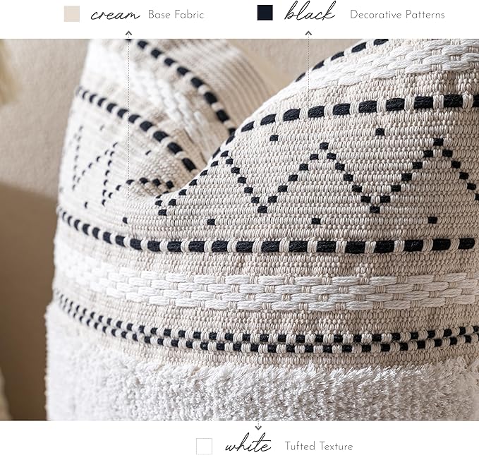 BlissBlush 18X18 Throw Pillow Cover, Cream Neutral Square Decorative Cushion Cover with Black Pattern, Boho Accent Pillowcase with Tufted Details and Tassels for Couch Sofa Living Room (Cover Only)
