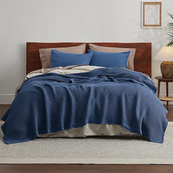 Bedsure Gentlesoft 100% Cotton Blanket Queen Size for Bed - Cooling Breathable and Soft for Spring Summer, Thick Cozy Waffle Weave Blanket Gifts for Women, Navy, 90x90 Inches