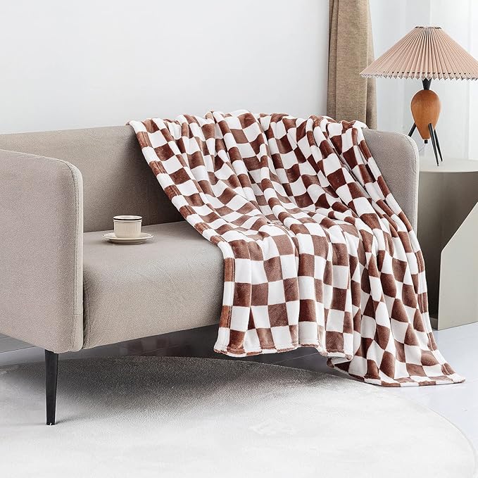 LOMAO Throw Blankets Flannel Blanket with Checkerboard Grid Pattern Soft Throw Blanket for Couch, Bed, Sofa Luxurious Warm and Cozy for All Seasons (Coffee, 40"x60")
