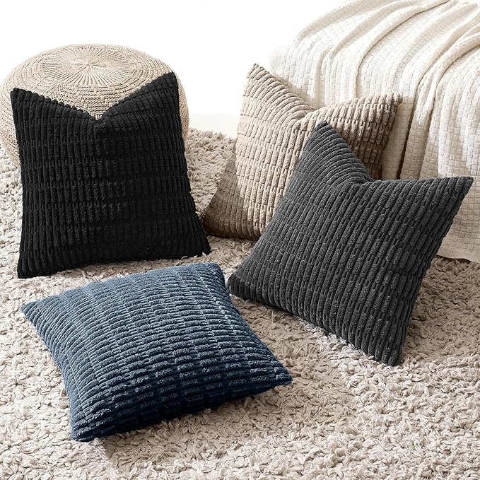 MIULEE Pack of 4 Modern Coastal Western Corduroy Decorative Throw Pillow Covers 18x18 Inch Soft Striped Pillow Covers Home Decor for Sofa Living Room Couch Bed Black and Blue