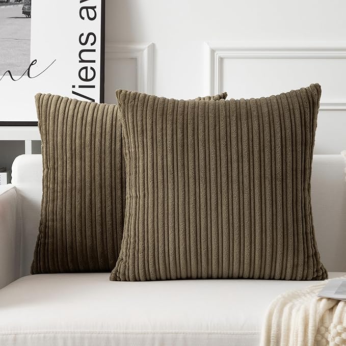UGASA Velvet 20x20 Inch Soft Throw Pillow Covers Decorative Corduroy Striped Both Sides Solid Square Cushion Cases Boho Farmhouse for Couch Bedroom Sofa Home, Pack of 2, Olive Green