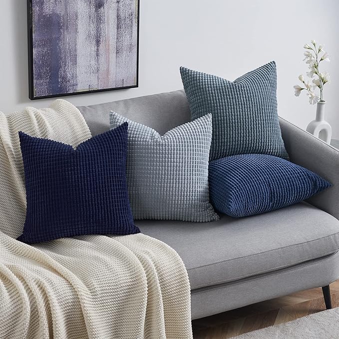 Topfinel 4 Packs Blue Decorative Throw Pillow Covers 24x24 Inch for Living Room Couch Bed Sofa, Boho Western Farmhouse Home Decor, Square Soft Moss Corduroy Fall Cushion Case 60x60 cm