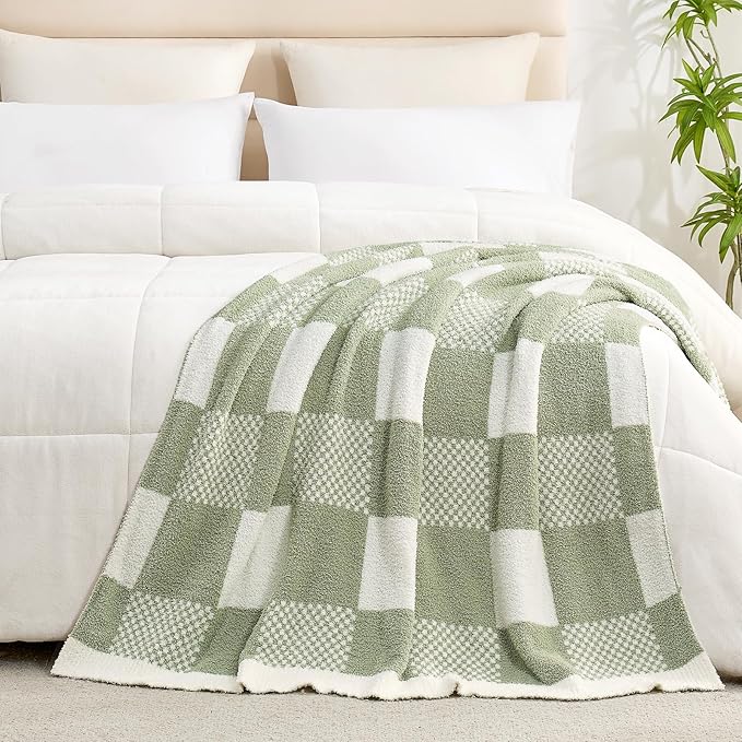 Snuggle Sac Checkered Blanket, Sage Green Throw Blanket for Couch Checker Microfiber Warm Fuzzy Cozy Soft Oversized Throw XL Reversible Checkerered Blankets for Sofa, Chair, Bed, 50x70 inches