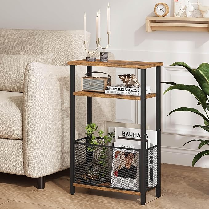 Narrow Side Table with Storage Basket Skinny End Tables for Smalls Spaces 3 Tier Sofa Table Small Nightstand Slim Bedside Table for Living Room Bedroom Rustic Brown MLBZ22RB