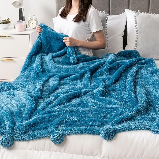 PAVILIA Teal Sherpa Throw Blanket for Couch, Warm Plush Pom Pom Blanket Twin, Fuzzy Sofa Throw for Bed, Lightweight Soft Cozy Fluffy Blanket With Pom Poms, Turquoise, 60x80