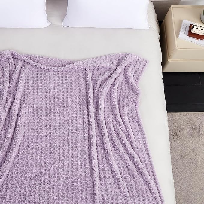 Soft Cozy Fuzzy Fleece Throw Blanket, Waffle Lavender Fog, 50x60 Inches – Lightweight, Fluffy, and Warm 3D Jacquard All-Season Blanket for Couch, Bed, Sofa, Home Decor, Camping, and Travel