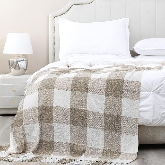 Beige White Buffalo Plaid Decor Blanket, Lightweight Soft Chenille Check Knitted Rustic Farmhouse Throw with Tassels for Couch Sofa Chair Bed Office Home, Tan and Ivory, Queen Size