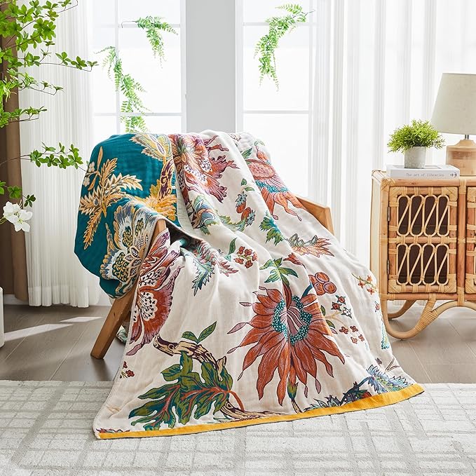 Bohemian Throw Blanket for Couch,90"x98" Large Boho Quilt Rustic Lightweight Fall Blankets for Bedroom,Living Room,100% Organic Cotton Reversible Throw Blanket for Christmas