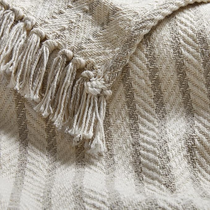 Americanflat 50x60 Throw Blanket - Soft and Breathable Cotton Throw Blanket for Couch, Bed, Chair - Decorative Blankets Perfect for Home, Office, or Outdoor Use - Cream and Beige Pinstripe Design
