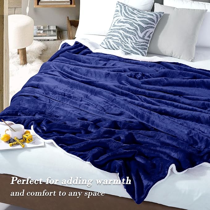 Mocassi Premium Ultra-Soft Flannel Fleece Sherpa Throw Blanket - Warm Cozy Reversible Plush Micromink Blanket for Couch, Bed and Sofa - Fluffy, Christmas Winter Bedding Gift, Twin, Royal Blue