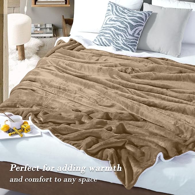 Mocassi Premium Ultra-Soft Velvet Touch Flannel Fleece Sherpa Throw - Warm Cozy Reversible Plush Micromink Throw Blanket for Couch, Bed and Sofa - Fluffy, Christmas Winter Bedding Gift, Taupe