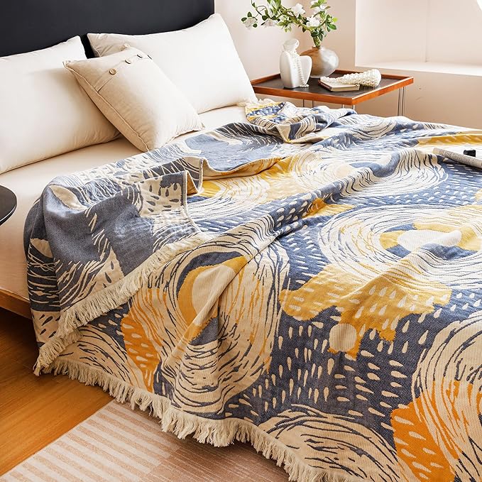 Scientific Sleep Starry Blue Sky Moon Stars 100% Cotton Muslin Blanket Throw Cover for Bed Couch Sofa Cozy Soft Bedding Lightweight Warm Bedspread Quilt Coverlet Full Queen 80 in x 90 in