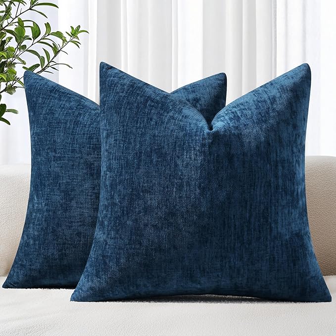 decorUhome Chenille Navy Blue Summer Throw Pillow Covers 16x16 Inch Set of 2, Decorative Soft Couch Pillow Covers Solid Dyed Accent Farmhouse Neutral Square Pillow Cases for Sofa