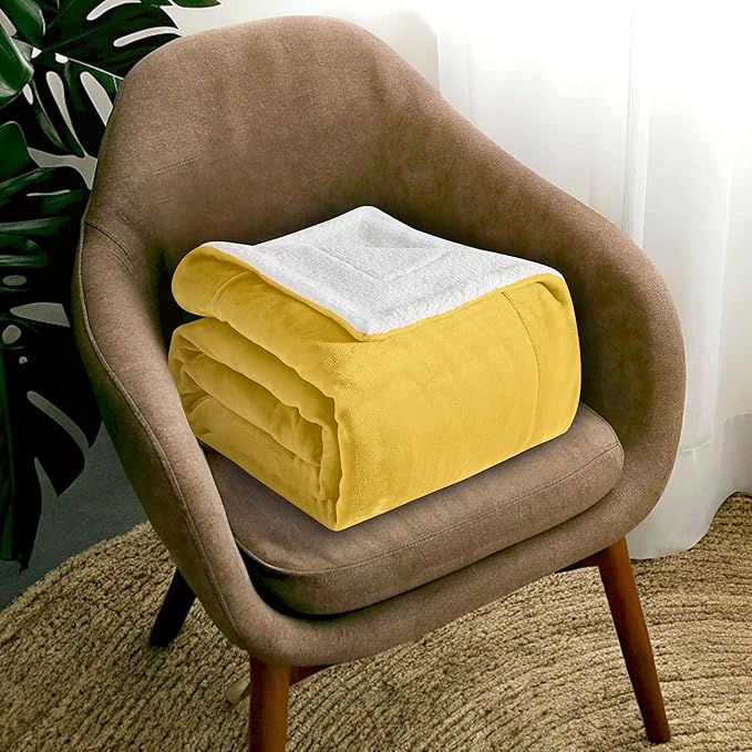 Mocassi Premium Ultra-Soft Flannel Fleece Sherpa Throw Blanket - Warm Cozy Reversible Plush Micromink Blanket for Couch, Bed and Sofa - Fluffy, Christmas Winter Bedding Gift, King, Yellow
