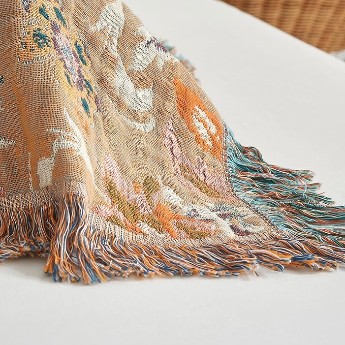 Boho Throw Blanket for Bed 80”x90”, 100% Cotton Woven Blanket for Couch Sofa, Ultra Soft 4-Layer Muslin Quilt with Floral Printed, Farmhouse Bed Blanket/Cover for Living Room Decor