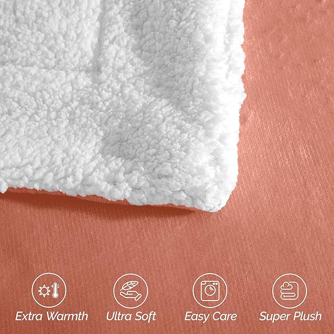 Elegant Comfort Ultra Soft Reversible Flannel Sherpa Blanket - Cozy Silky Fleece Throw for Couch, Bed - Plush Fuzzy Warm Winter Blanket for Gift, Queen, Coral