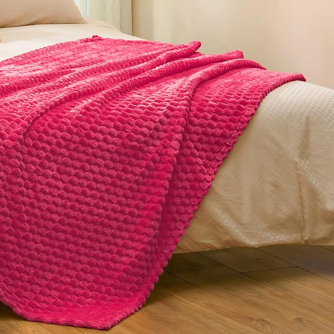 Vessia Flannel Fleece Throw Blanket(50x70 inch), 3D Jacquard Hot Pink Fuzzy and Warm Blanket for Couch,Sofa,Bed,Chair, 300GSM Super Soft Touch Cozy Lightweight Throw for All-Season Home Decor