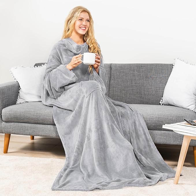 PAVILIA Blanket with Sleeves for Adult Women Men, Soft Warm Wearable Blanket Fleece Wrap Throw, Robe Blanket Gift
