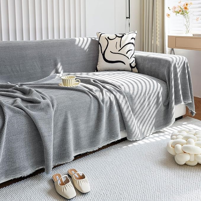 HANDONTIME Couch Cover for Kids Chenille Sofa Covers for 3 Cushion Couch Corduroy Jacquard Couch Slipcover Simple Sofa Seat Cover Couch Protector Loverseat Cover Futon Cover 71" X118", Dark Grey