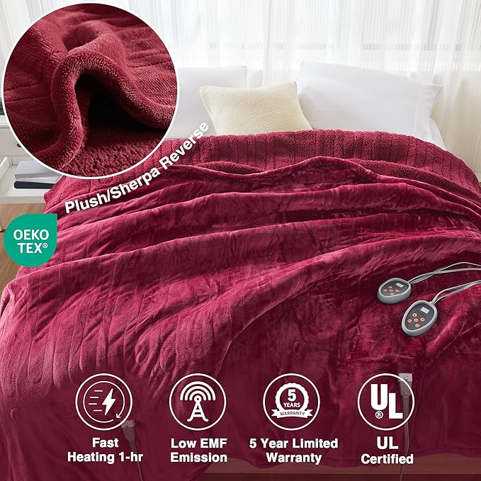 Beautyrest Heated Blanket, Electric Blanket, Soft, Warm, Reversible Plush - Sherpa Heating Blanket with 20 Heat Settings, 1-10 hrs Timer Auto Shut Off, Machine Washable, King (90 inx100 in), Red