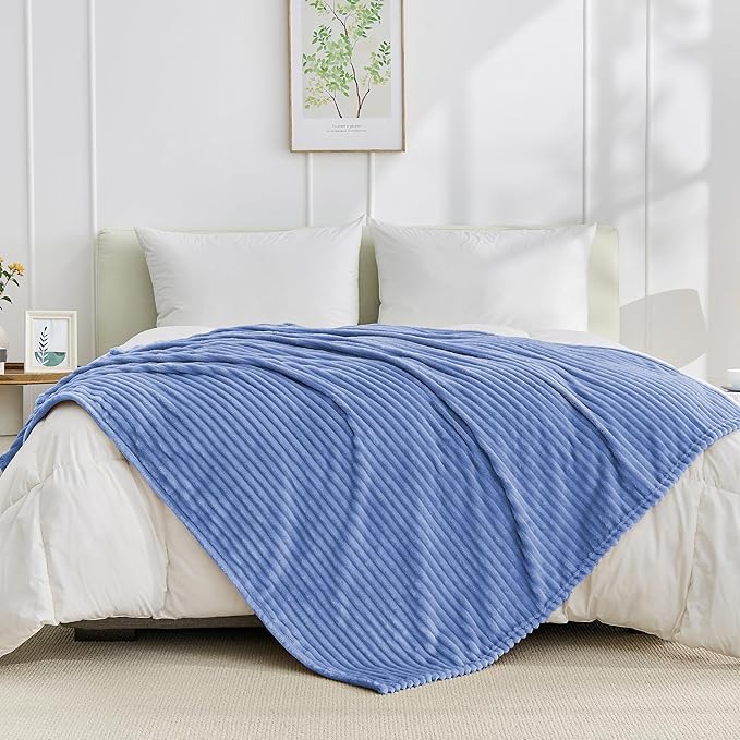 Bnuitland Fleece Throw Blanket for Couch, 300GSM Soft Warm Cozy Fluffy Throw for Adults & Kids, Stripe Pattern, All Season Sofa Bed Blanket for Home Decor, Sky Blue 50"x60"