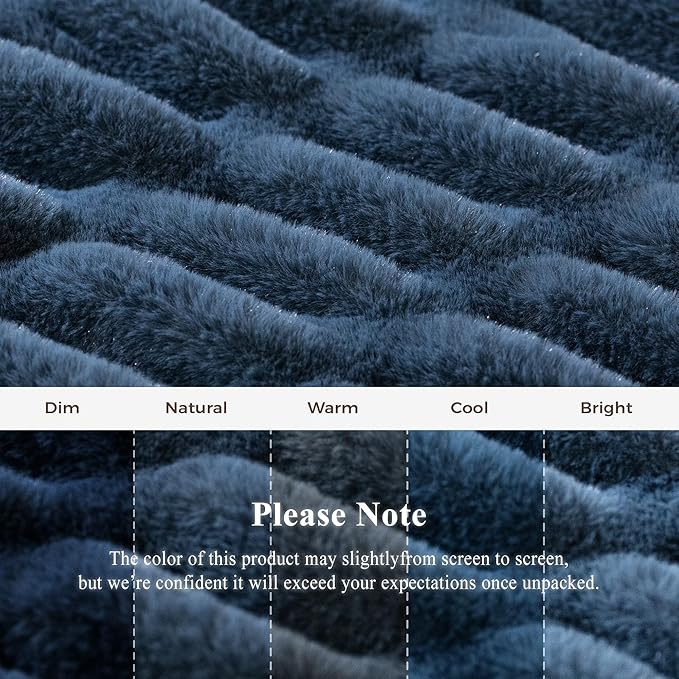 Faux Fur Blanket, Throw Blanket for Couch, Fluffy Blanket with Stretch Ruched Design, Ultra Soft Giftable Home Decor, 50x60 inches, Blue